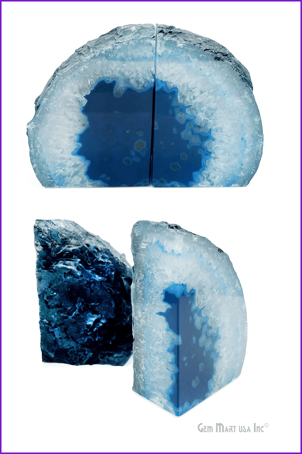 Collage of images of sawn blue agate.