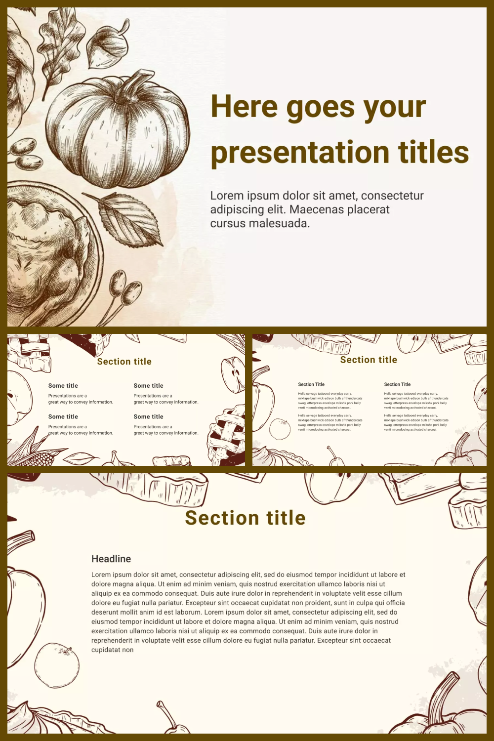 Collage of screenshots of presentation pages with sketches of leaves and pumpkins on a brown background.