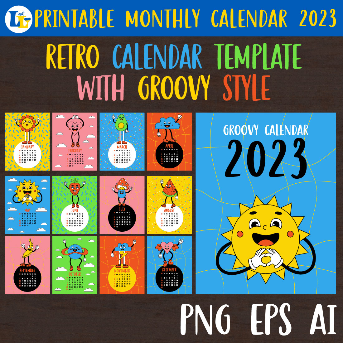 Retro calendar 2023 groovy style printable monthly template masterbundles