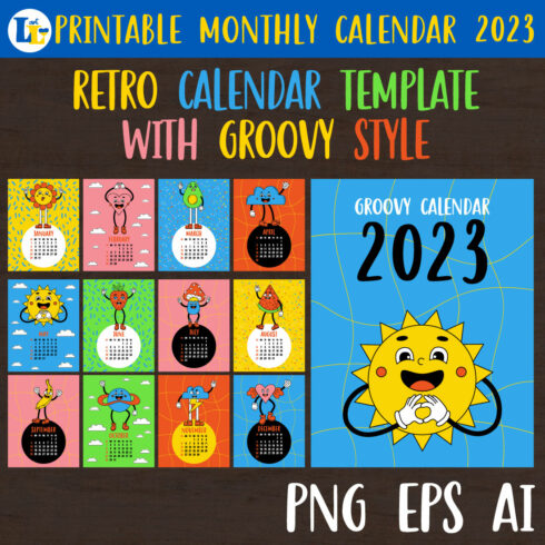 Retro Groovy Style Calendar 2023 Printable Monthly Template cover image.