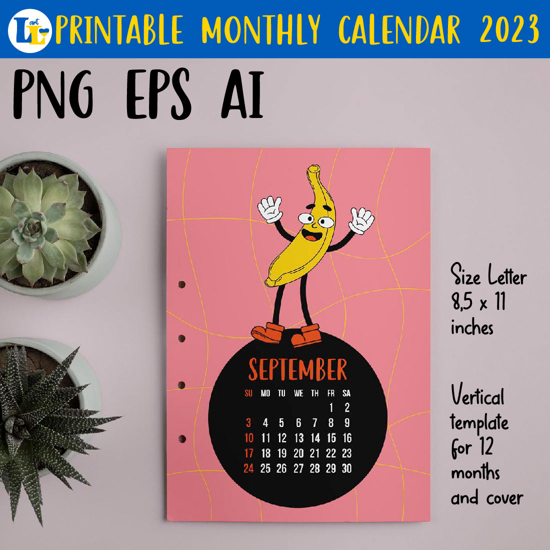 Retro Groovy Style Calendar 2023 Printable Monthly Template preview image.