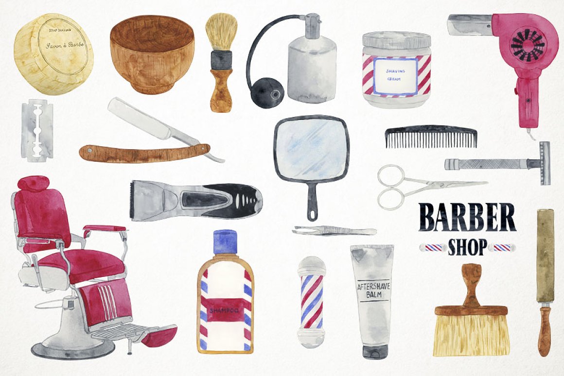 High quality watercolor barber illustrations.