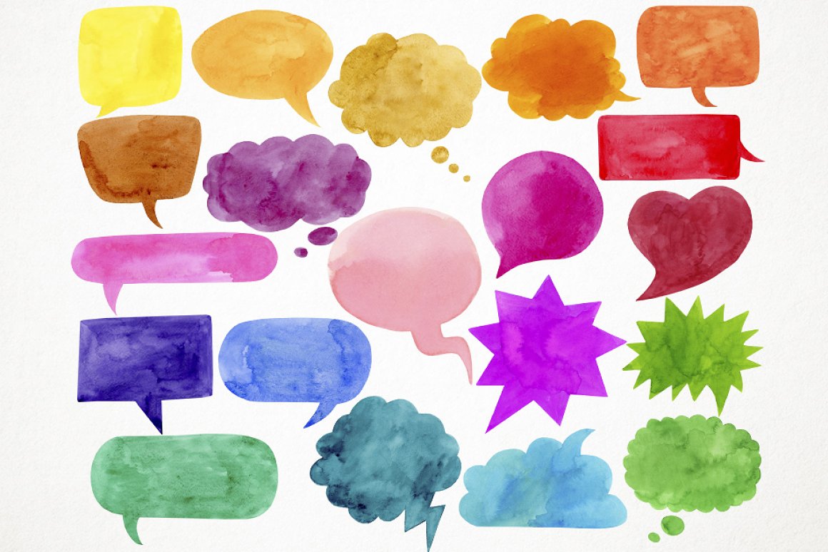 Colorful watercolor speech bubbles.