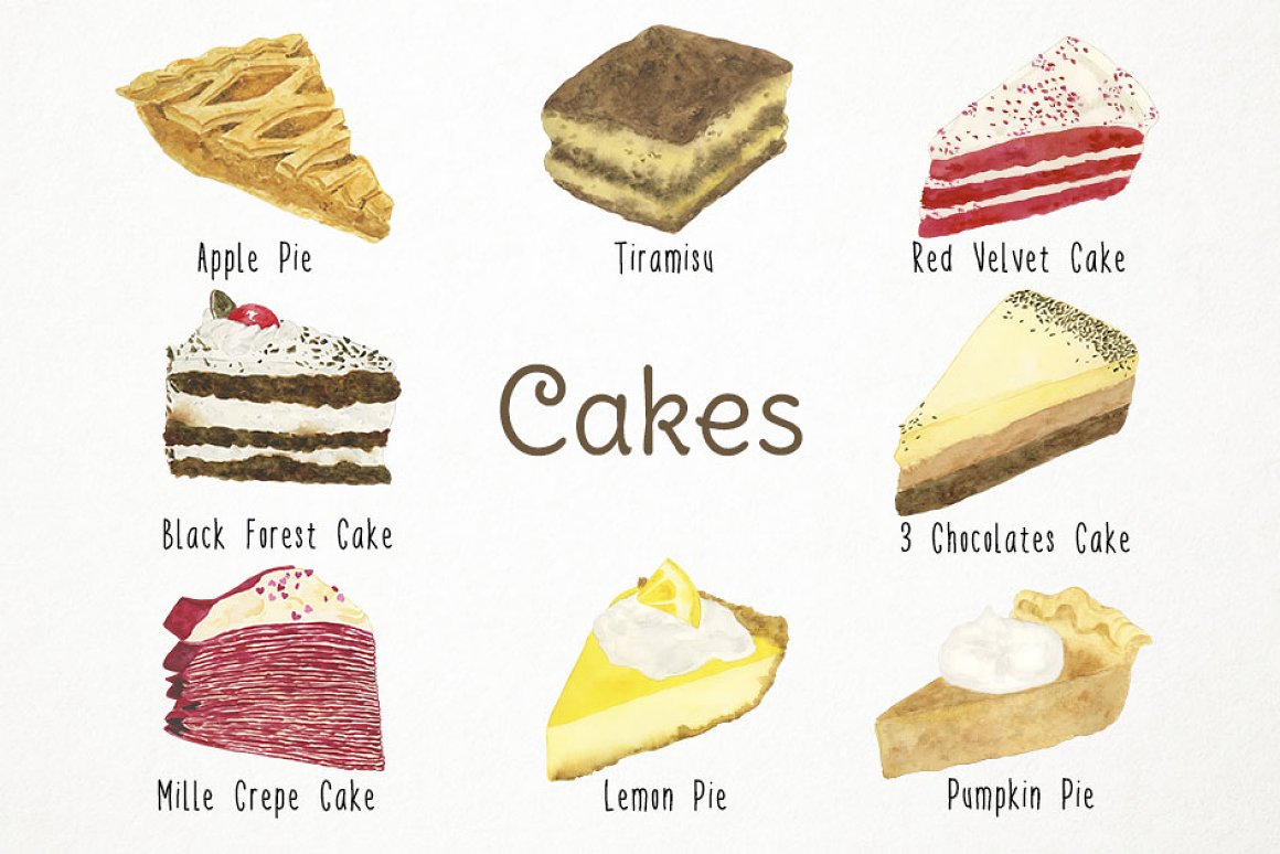 Diverse of tasty watercolor cakes.