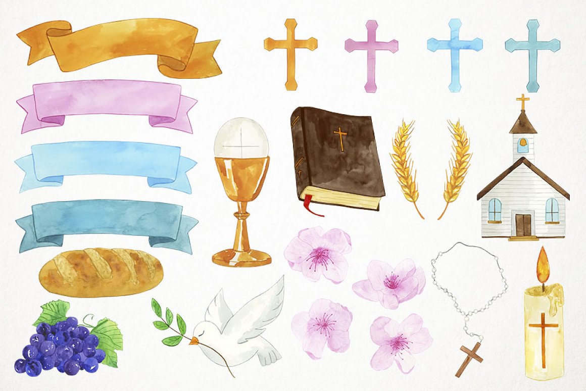 Some watercolors elements of girl first communion.