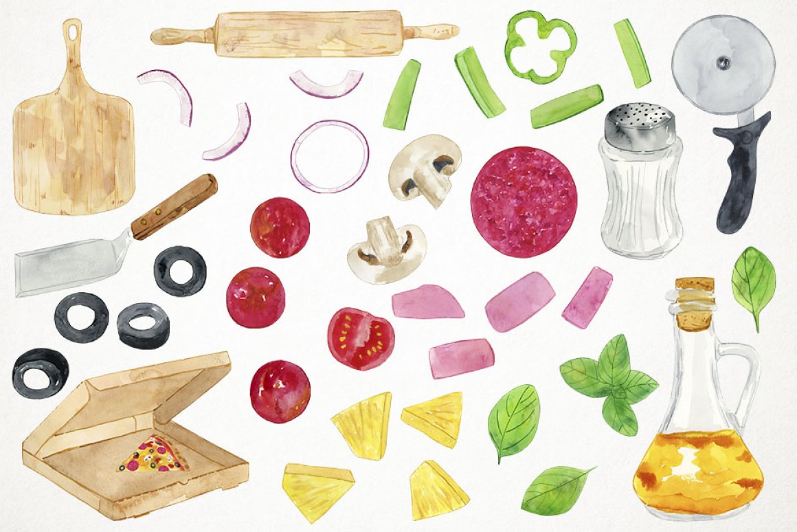 Watercolor ingredients for a tasty pizza.