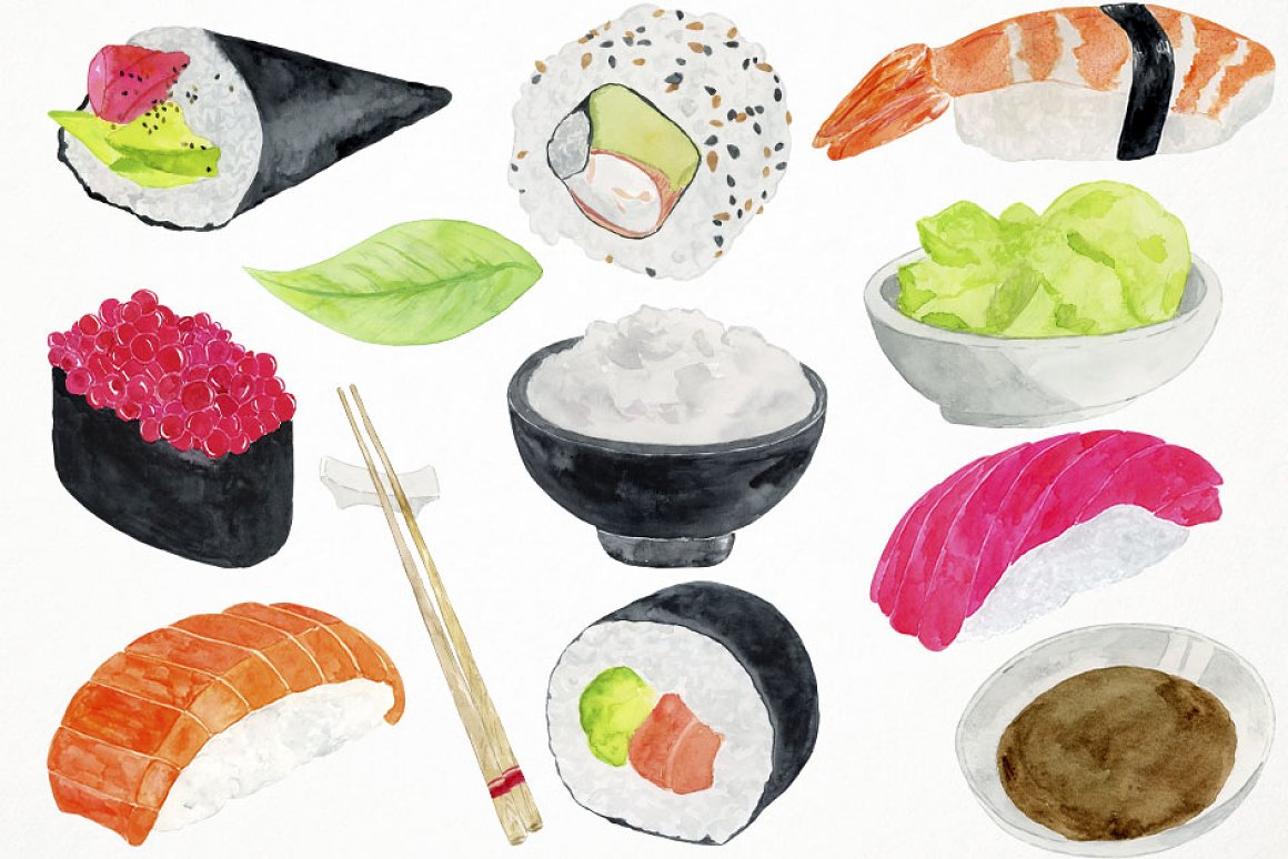 Tasty asian food in a watercolor style.