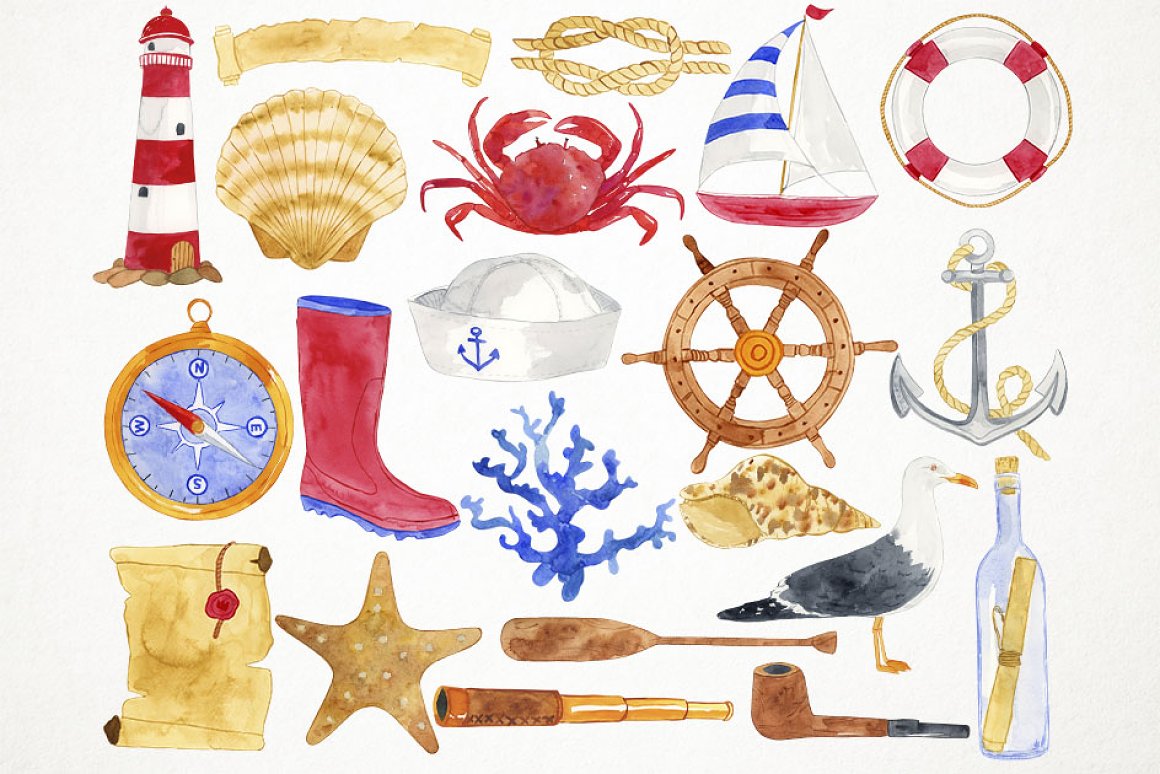 Cool watercolor elements for a nautical illustration.