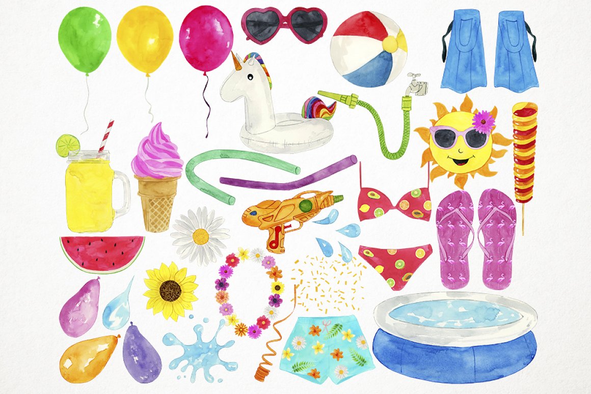 Colorful watercolor pool party elements.