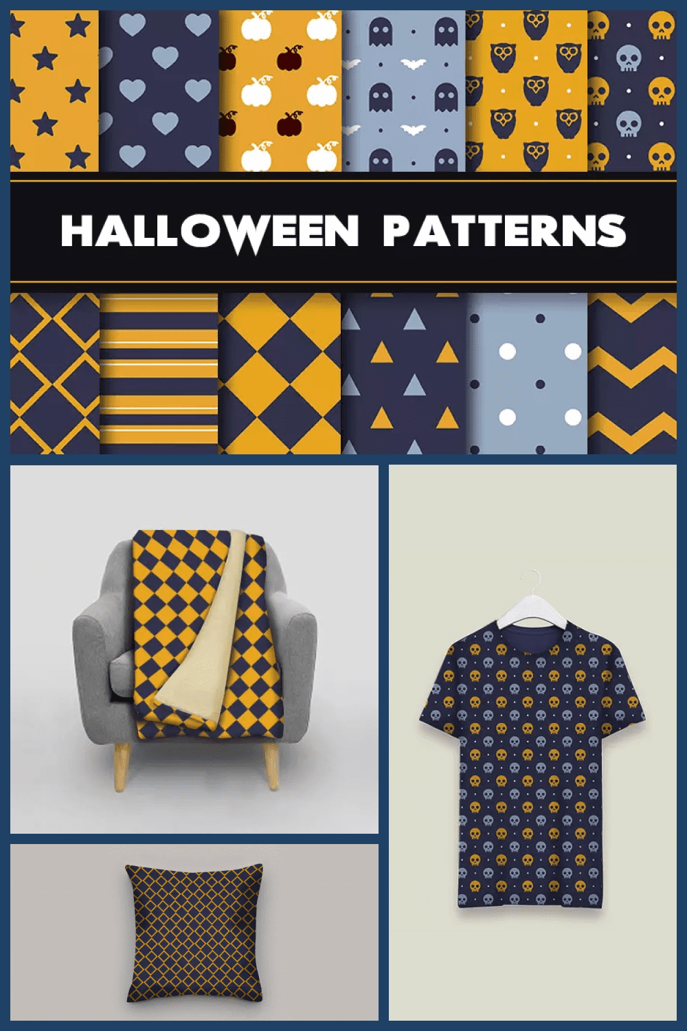 A collage of blue and yellow Halloween patterns on an armchair, pillow and t-shirt.