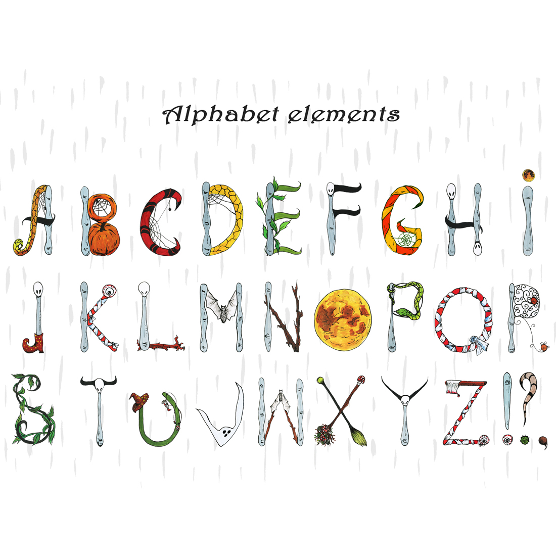 Set Of Watercolor Halloween Alphabet Elements And Pre Made Posters Preview Image.