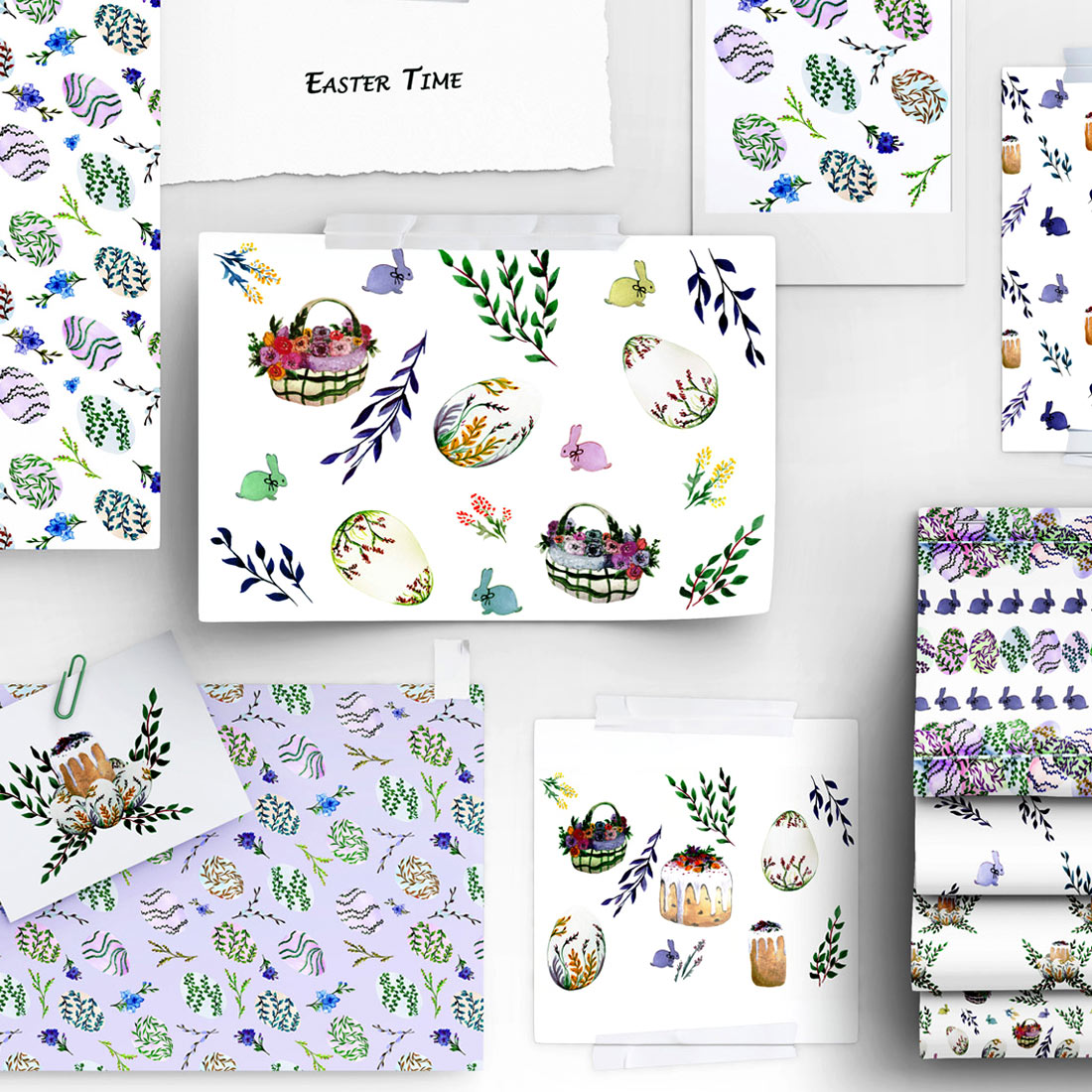 Watercolor Illustrations And Seamless Patterns With Spring Easter Mood Preview Image.