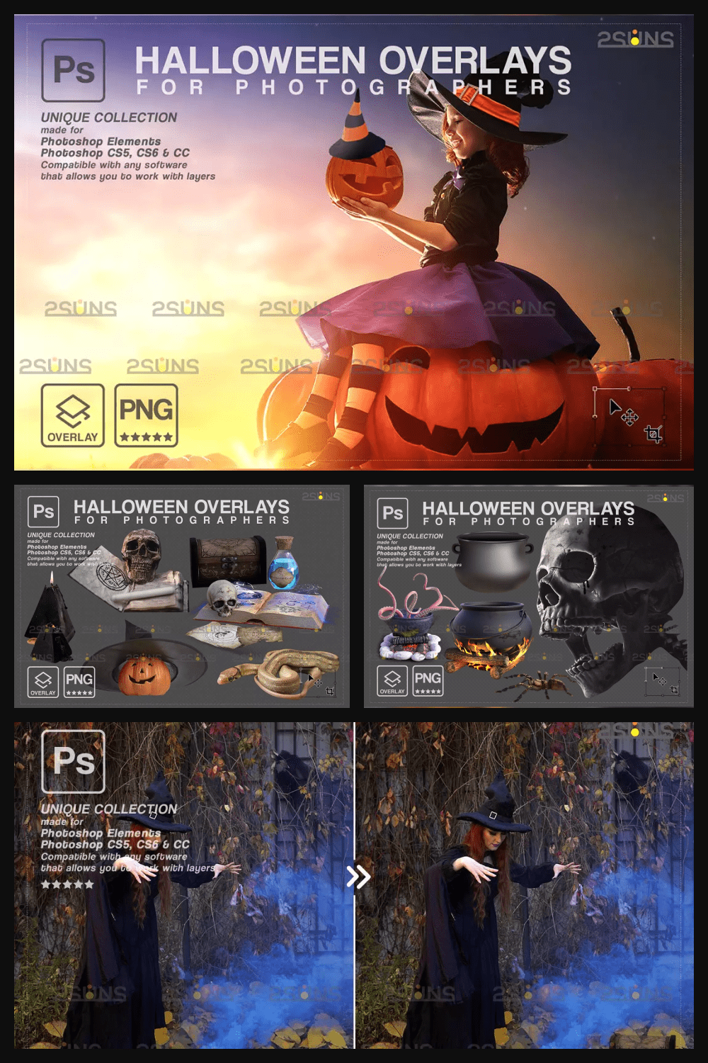 Collage of images on the theme of Halloween with a girl on a pumpkin.