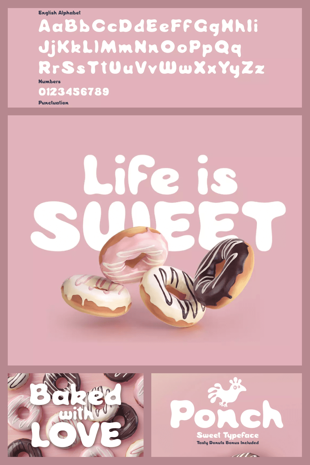 Collage of white font image with donuts on pink background.