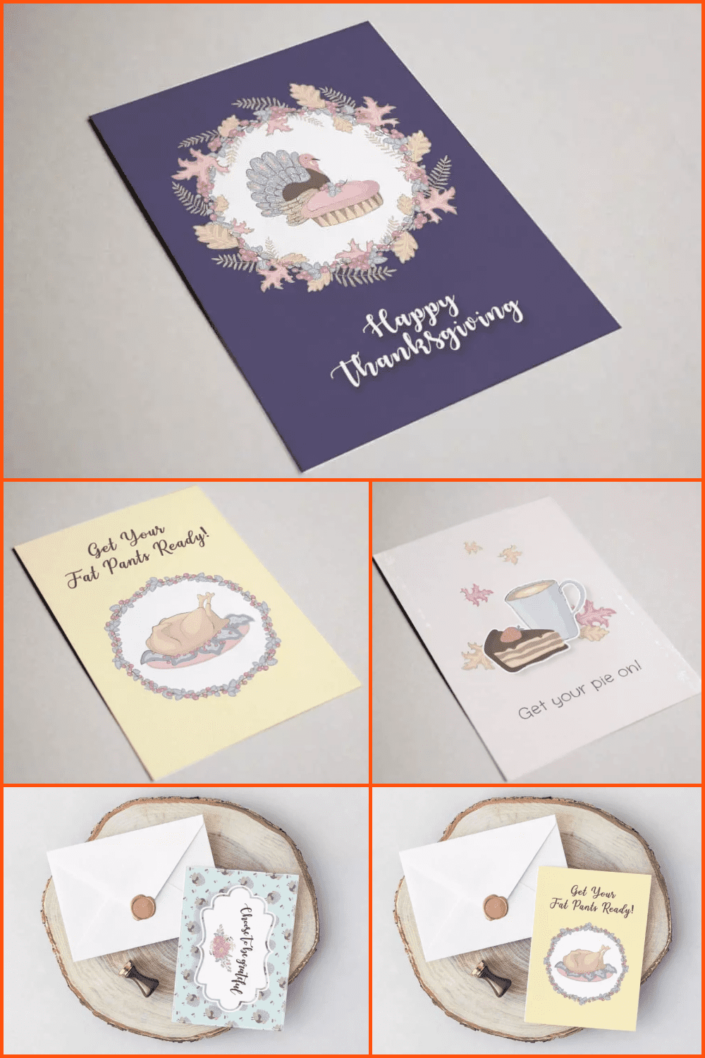 Collage of images of greeting cards with turkey and pie on them.