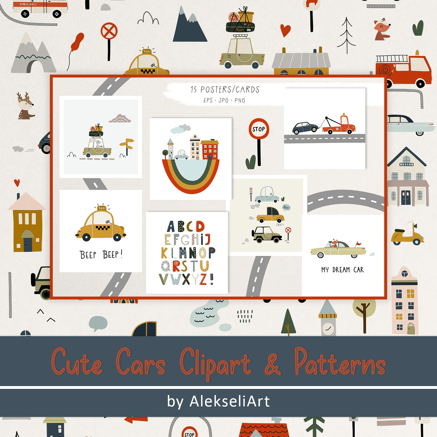 Cute Cars Clipart & Patterns cover.