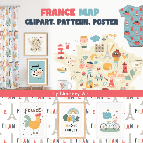 France map, clipart, pattern, poster.