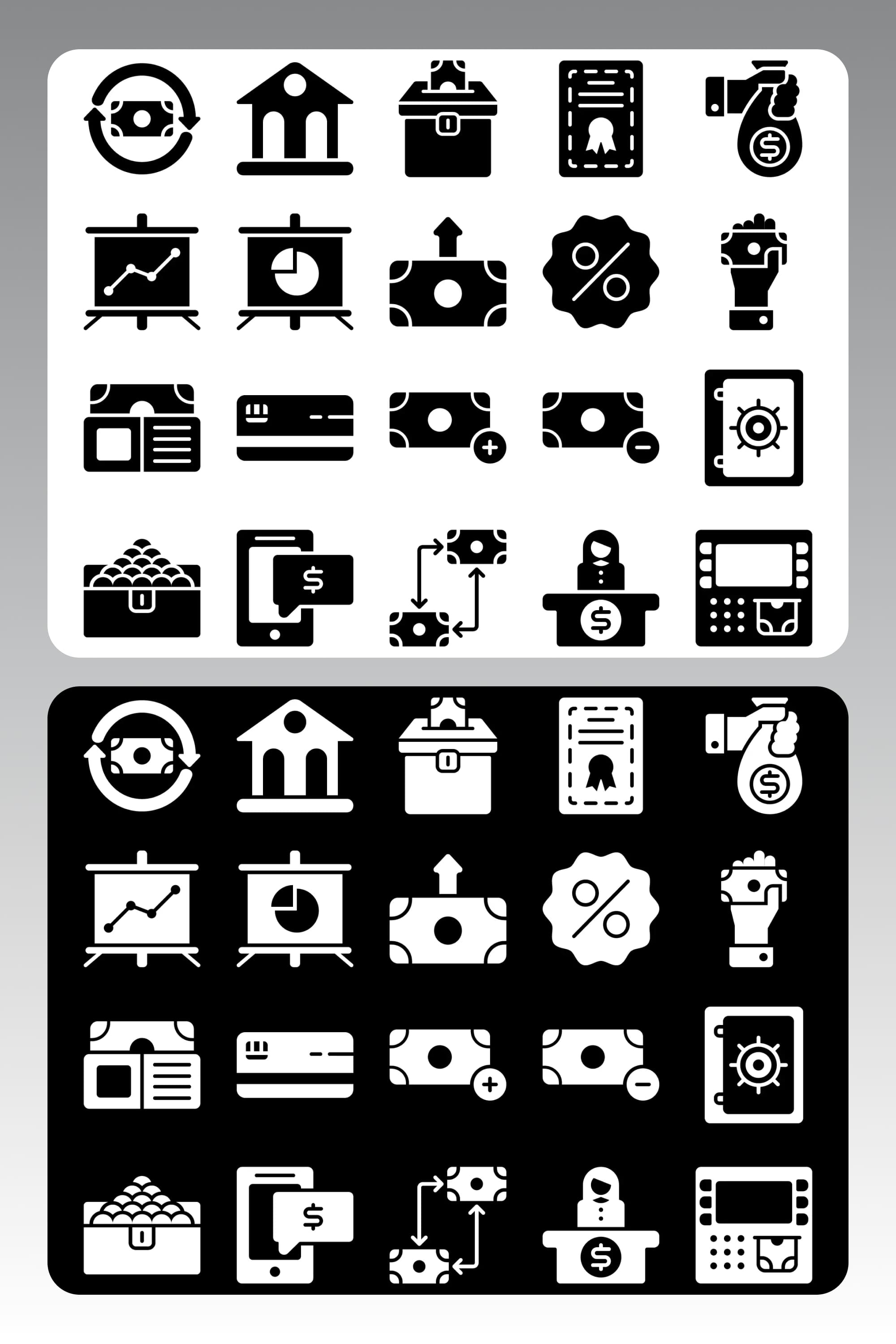 Black and white money icons on white and black background