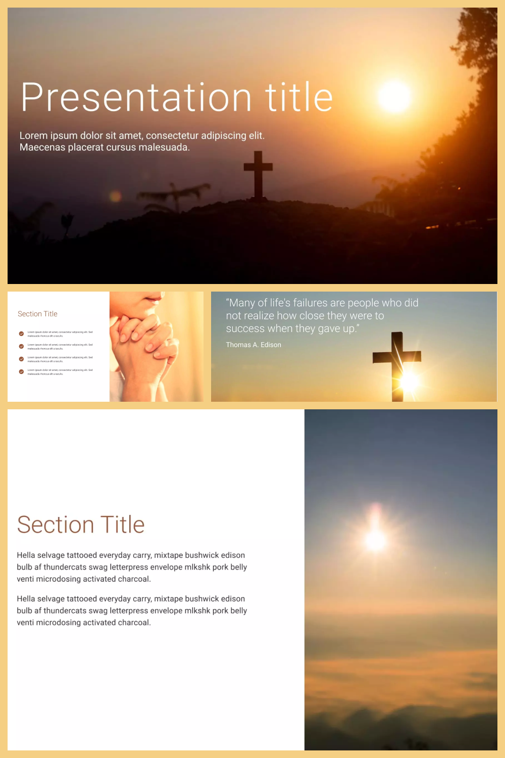 Collage of screenshots of the presentation pages with photos of the cross against the background of the sun.
