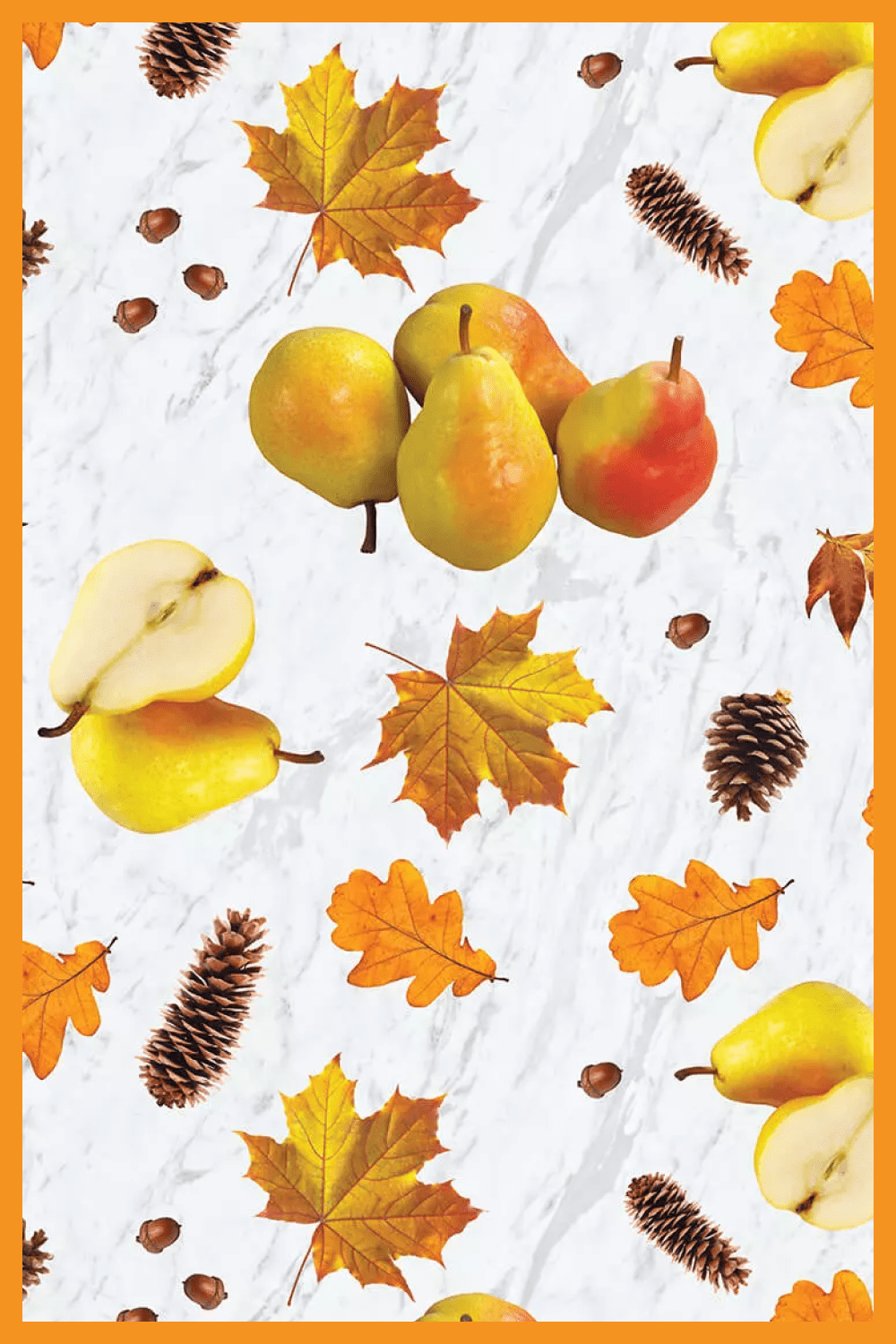 Ripe pears, yellow leaves and cones on a white background.