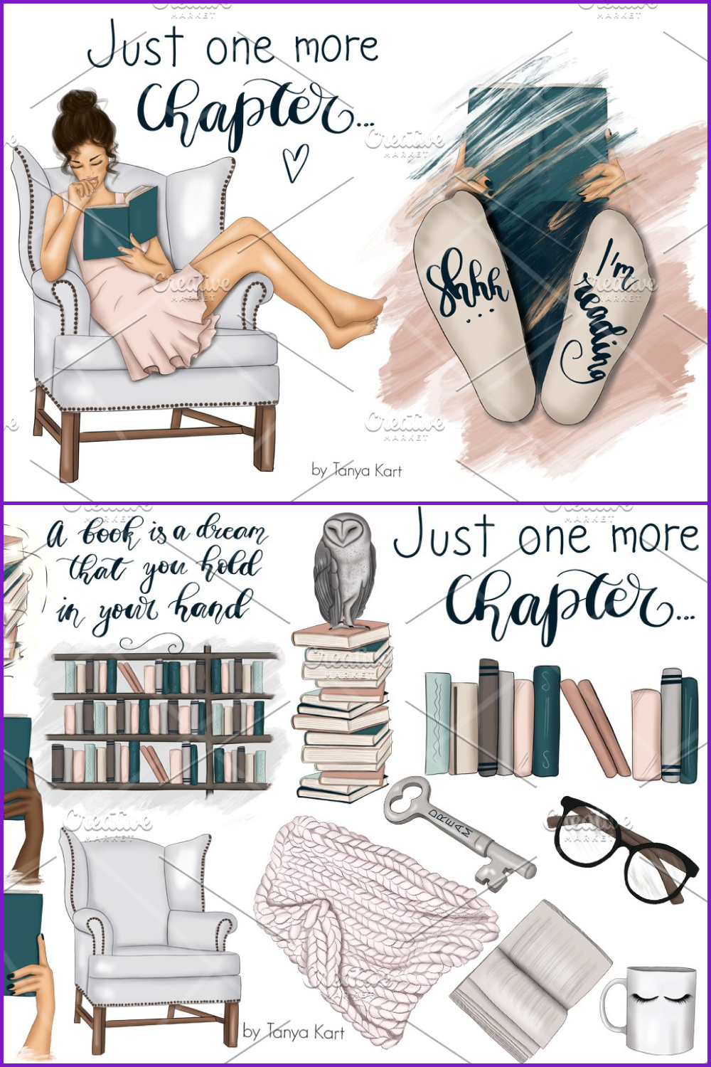Collage of drawn girls in an armchair with a book, a stack of books, an owl, glasses.