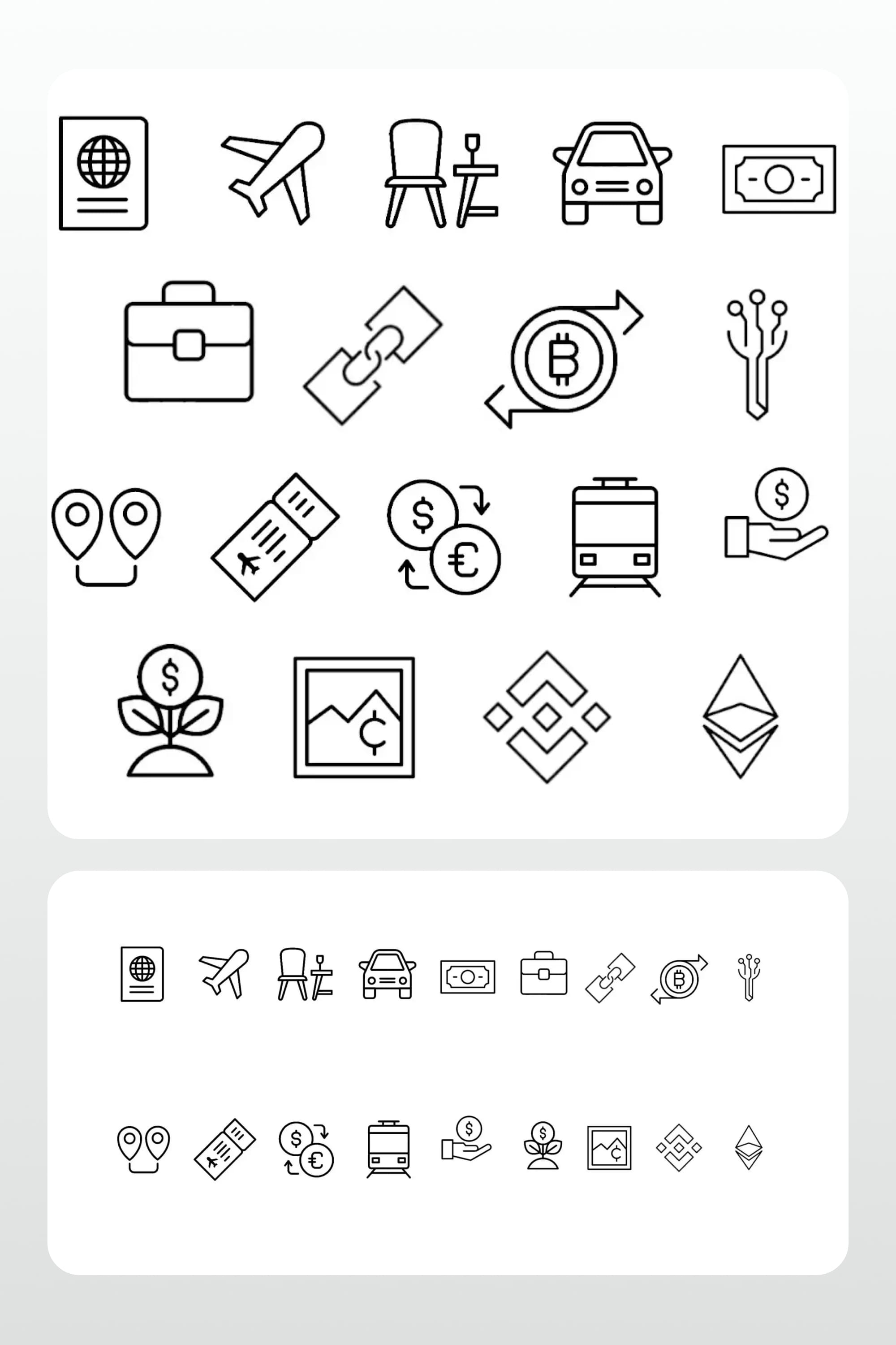 Black and white icons for crypto applications on a white background.