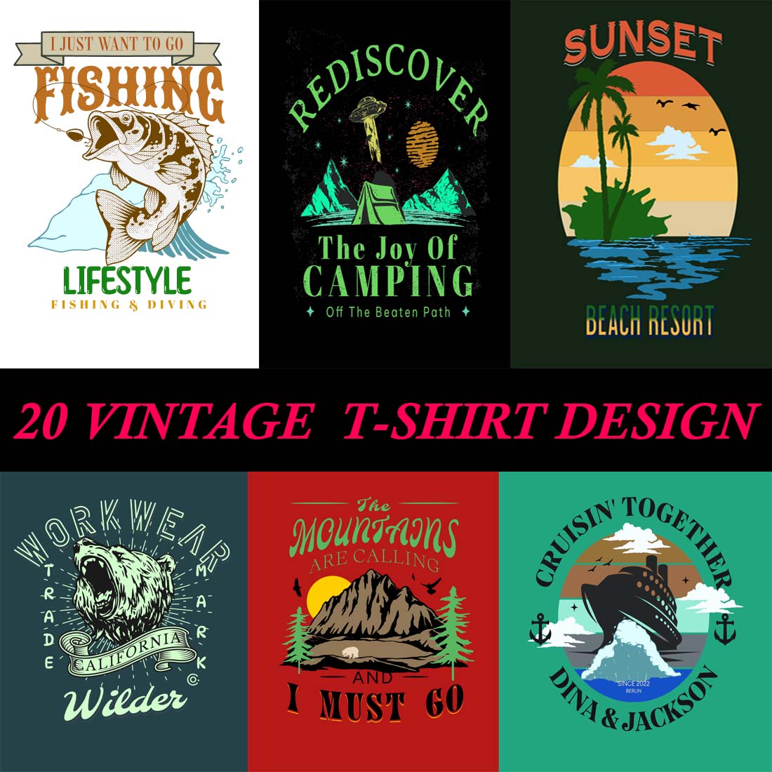 20 Vintage T-shirt Designs Bundle SVG Retro Collection cover image.