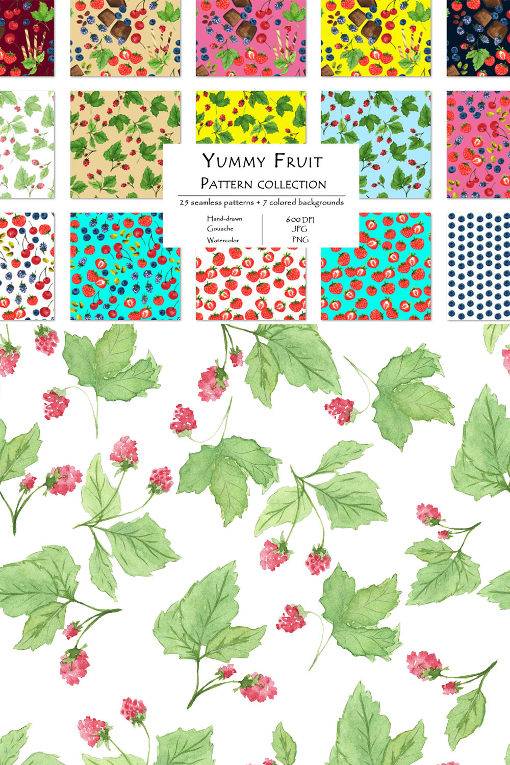 Yummy Fruit Pattern Collection With 25 Seamless Patterns And 7 Backgrounds Pinterest Image.