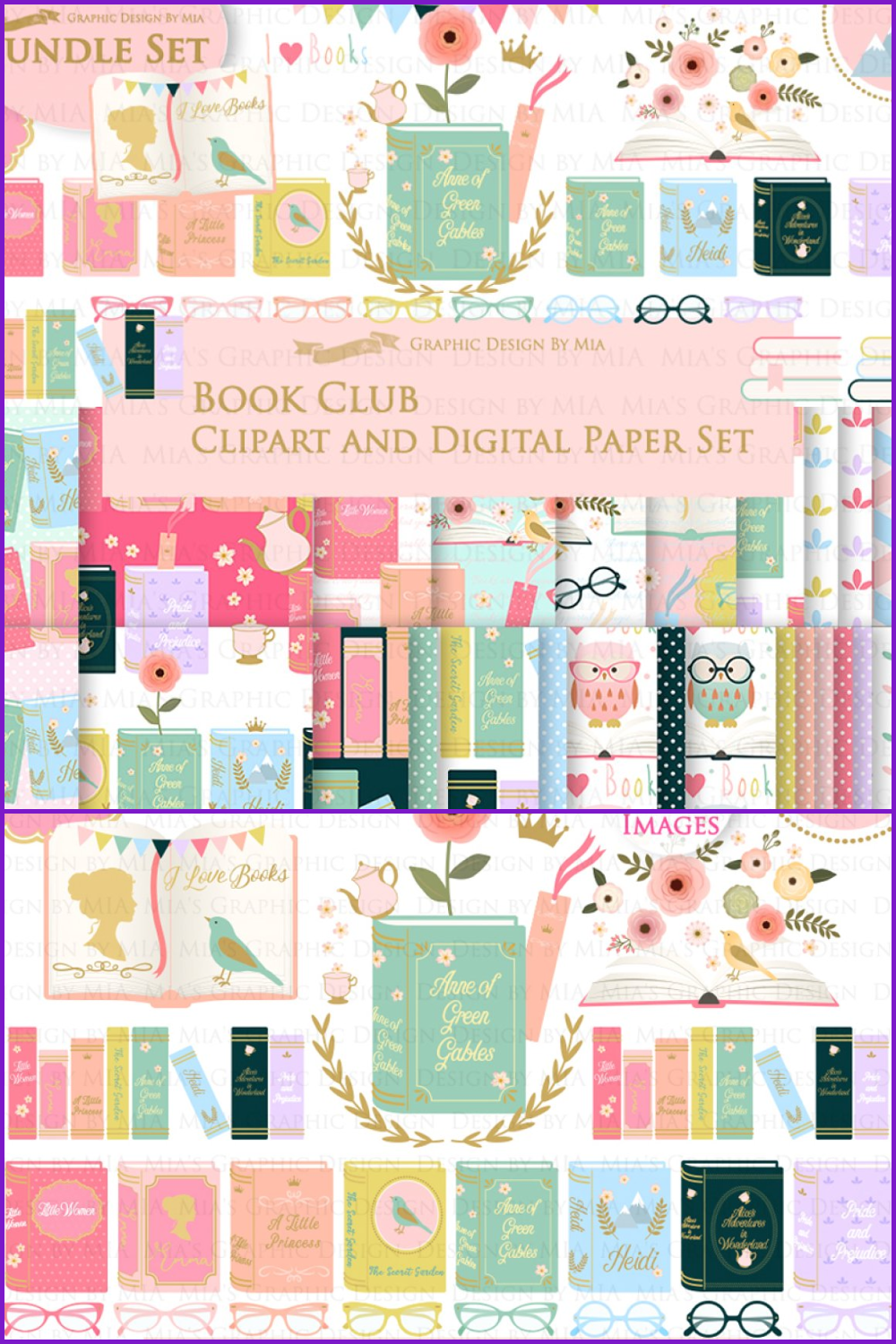 A collage of drawn books with a variety of colorful covers.