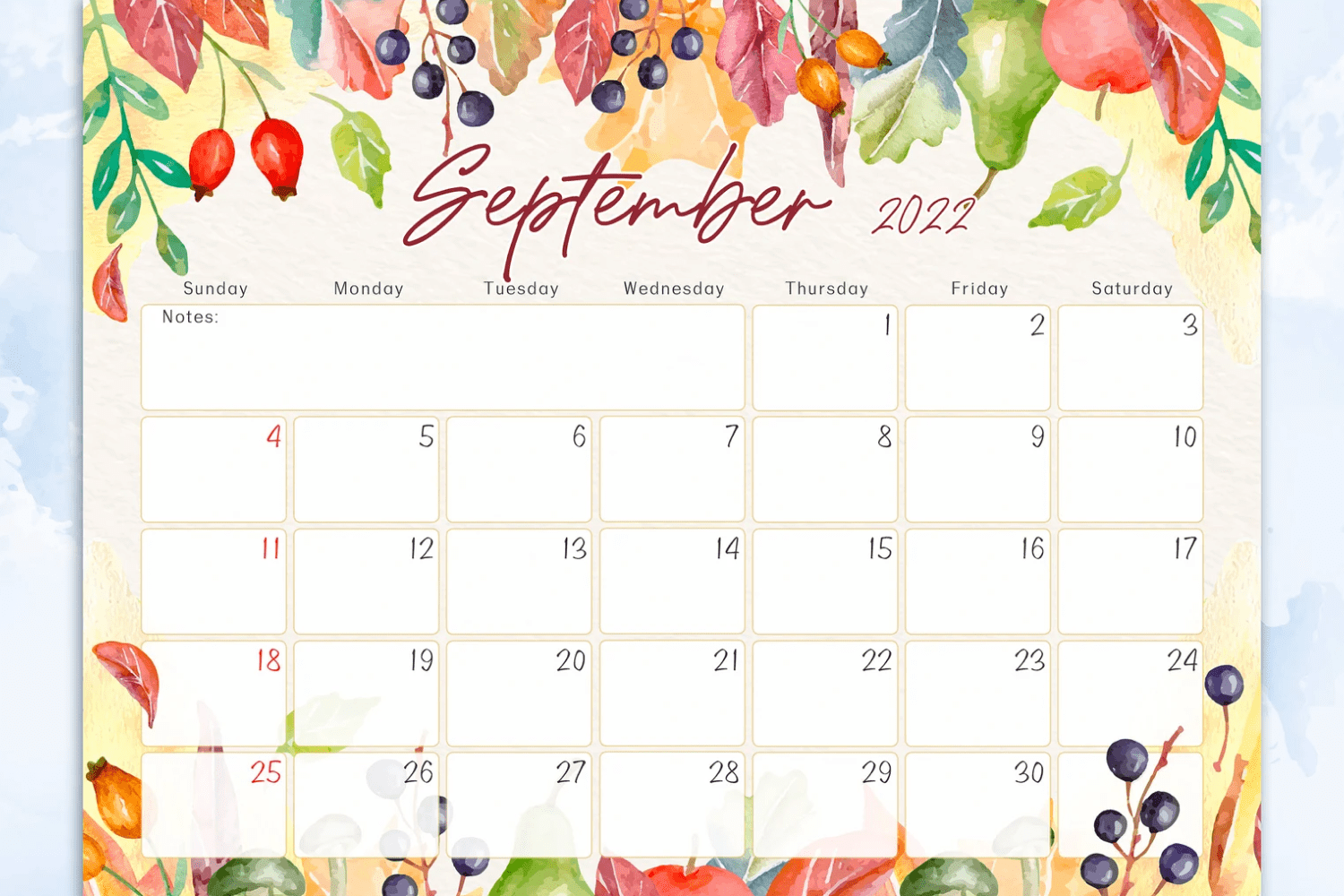 Calendar with watercolor autumn background.