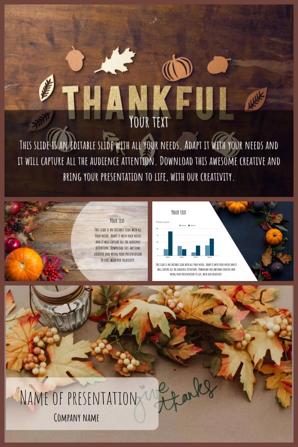 Collage of screenshots of presentation pages with photos of leaves, pumpkins, carved letters.