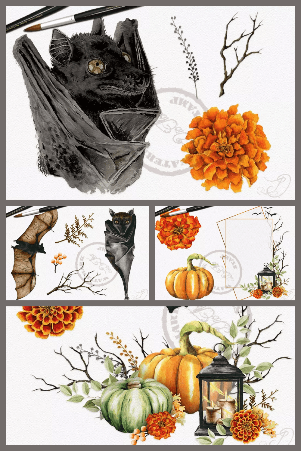 Collage of images of bats, pumpkins and orange flowers-.