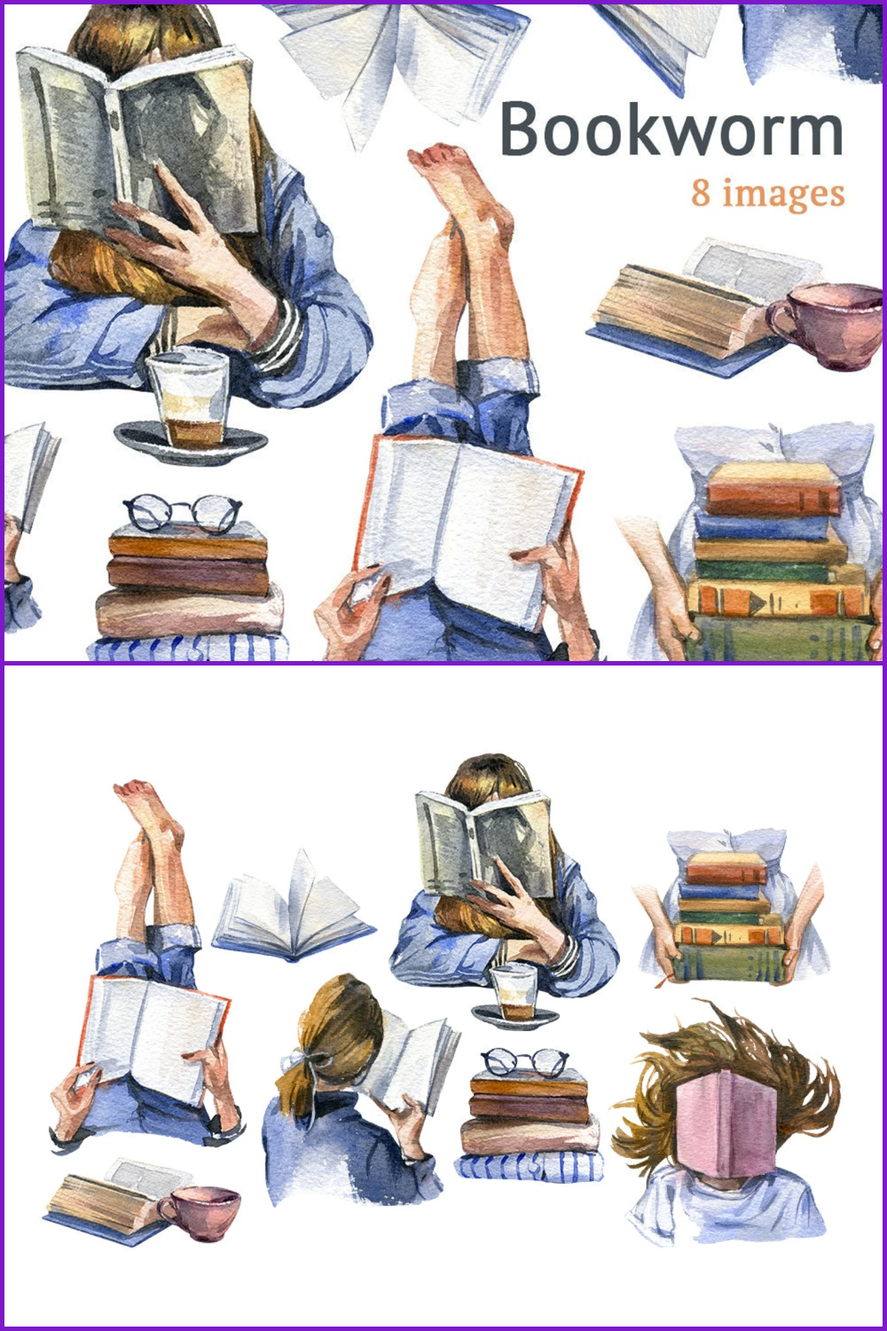 Collage with painted girls with books in different poses.