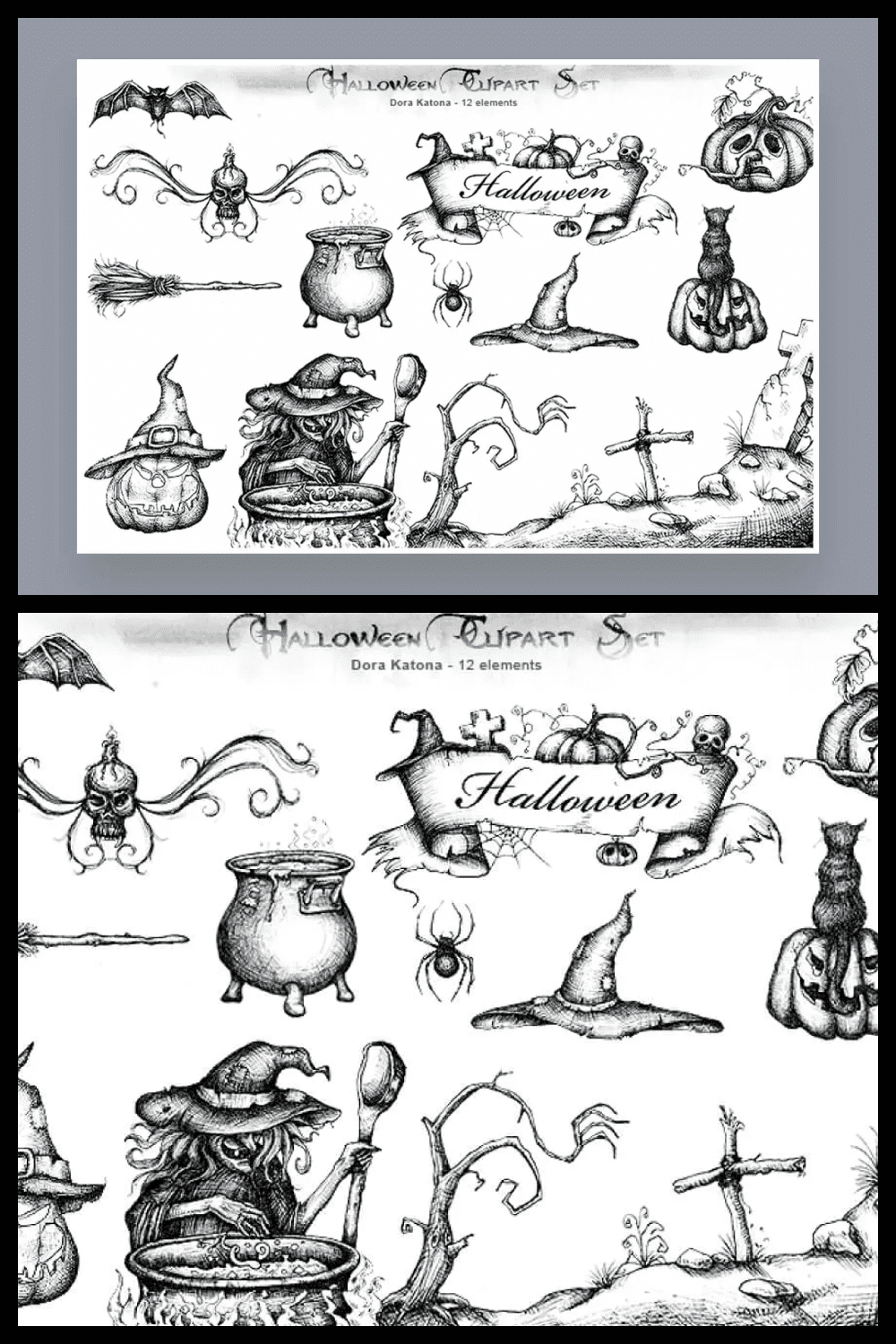 Collage of images of bats, cauldrons, witches and pumpkins.