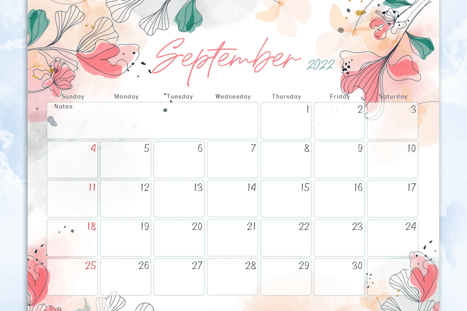 Editable calendar with abstract floral.