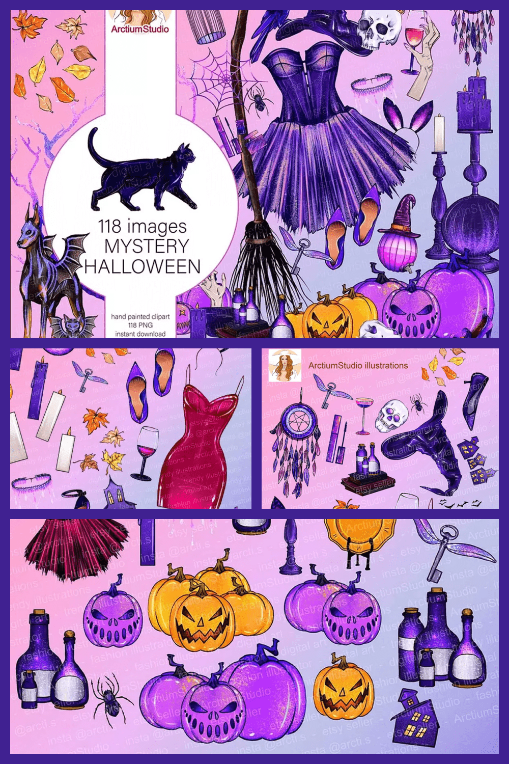 Collage of hand-drawn dresses, candles, pumpkins and Halloween items.