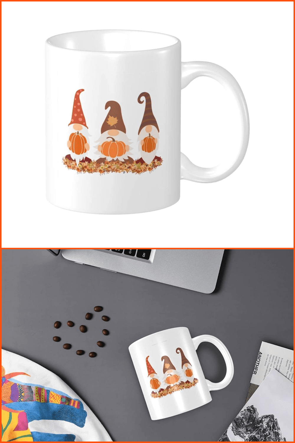 Collage with a white mug depicting three gnomes with pumpkins in their hands.