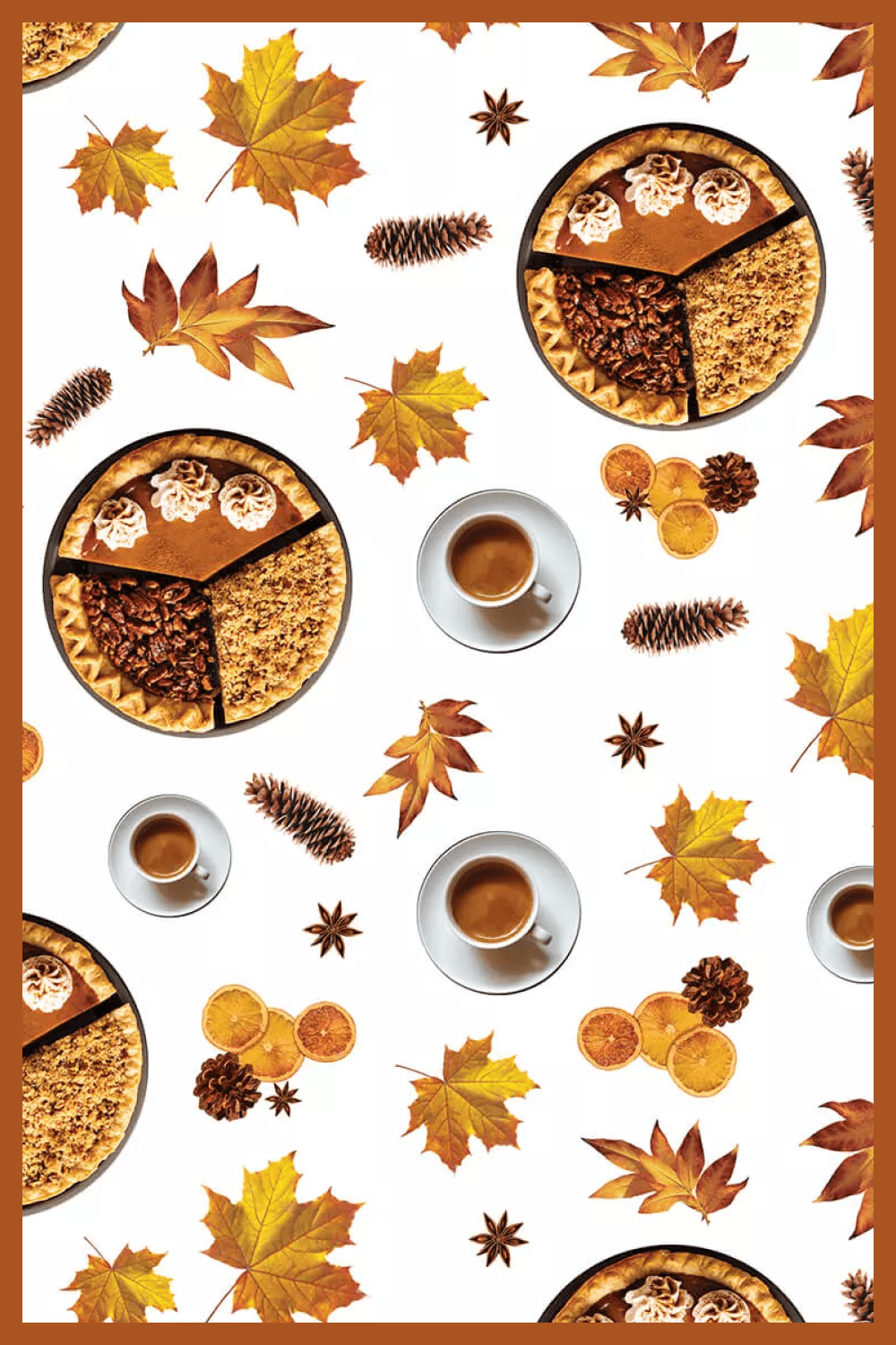 Pies, coffee, cones, autumn leaves on a white background.