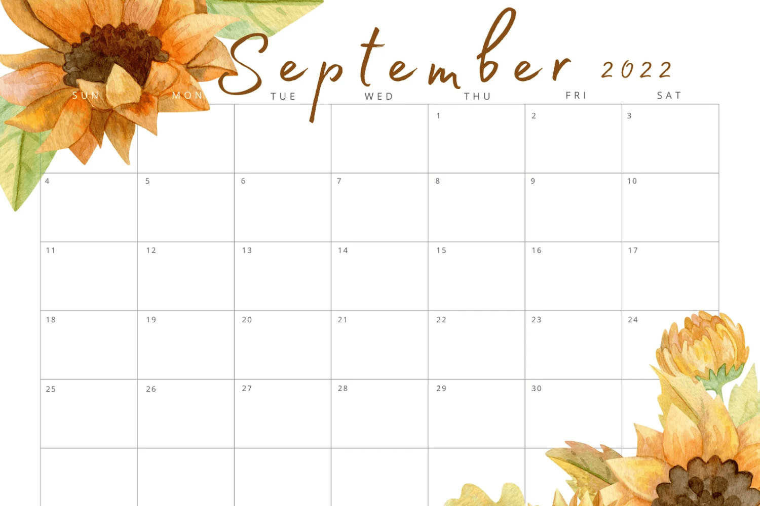 September 2022 Printable Calendar Landscape.