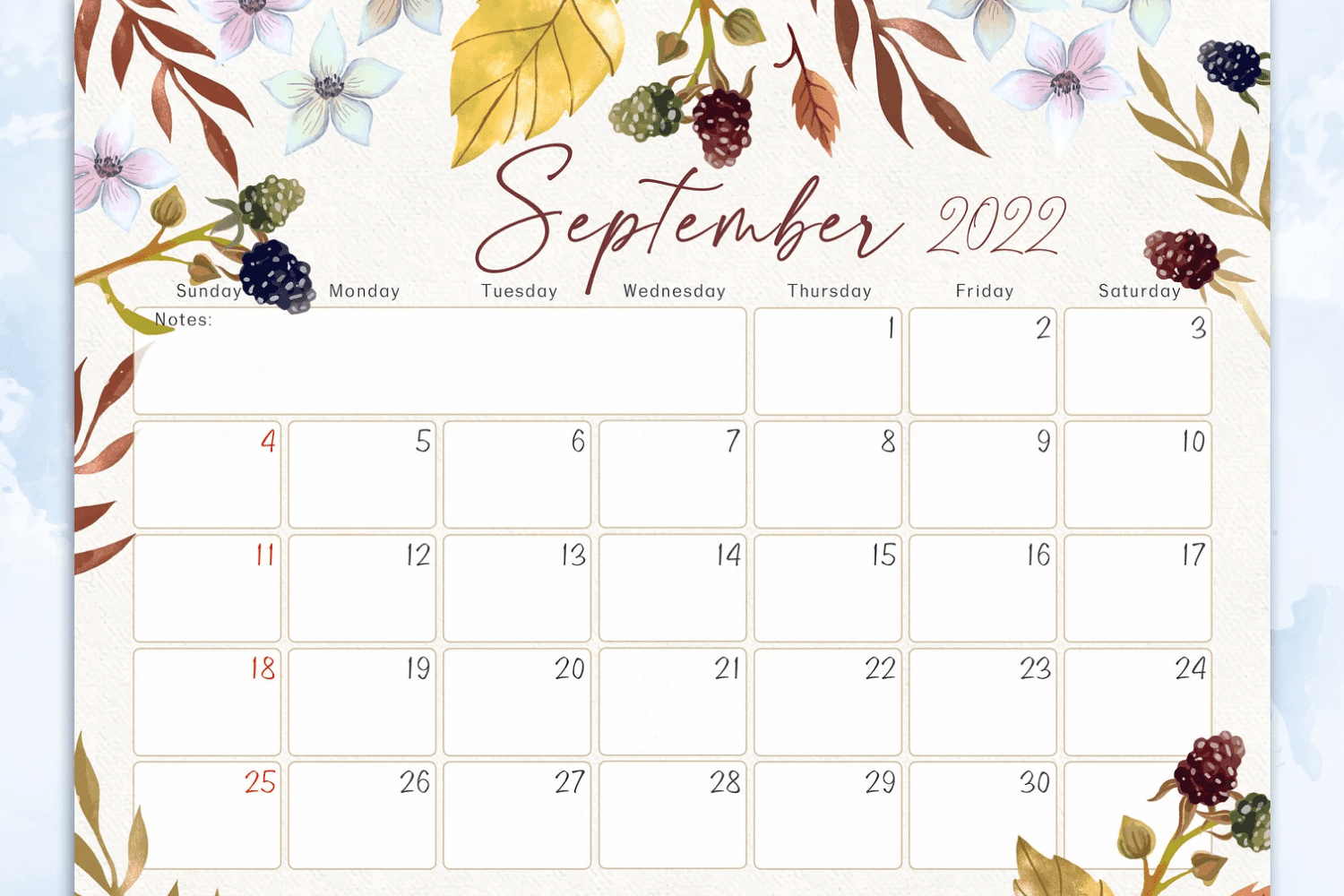 Editable calendar with watercolor autumn background.