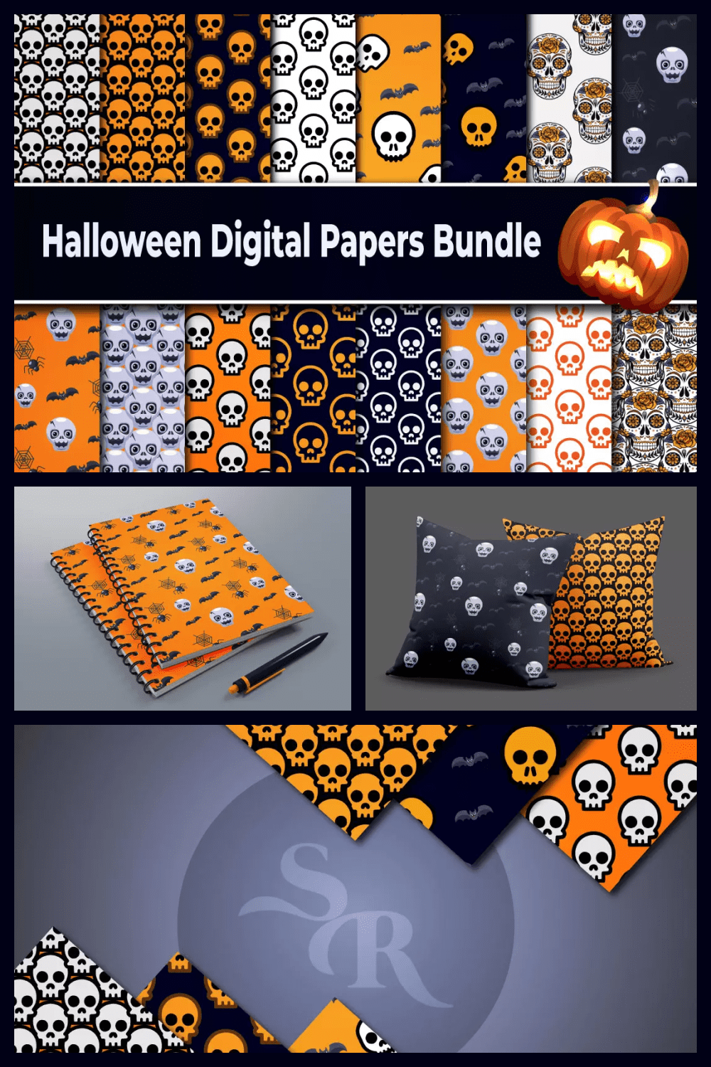 Collage of images of wrapping paper with different skulls.