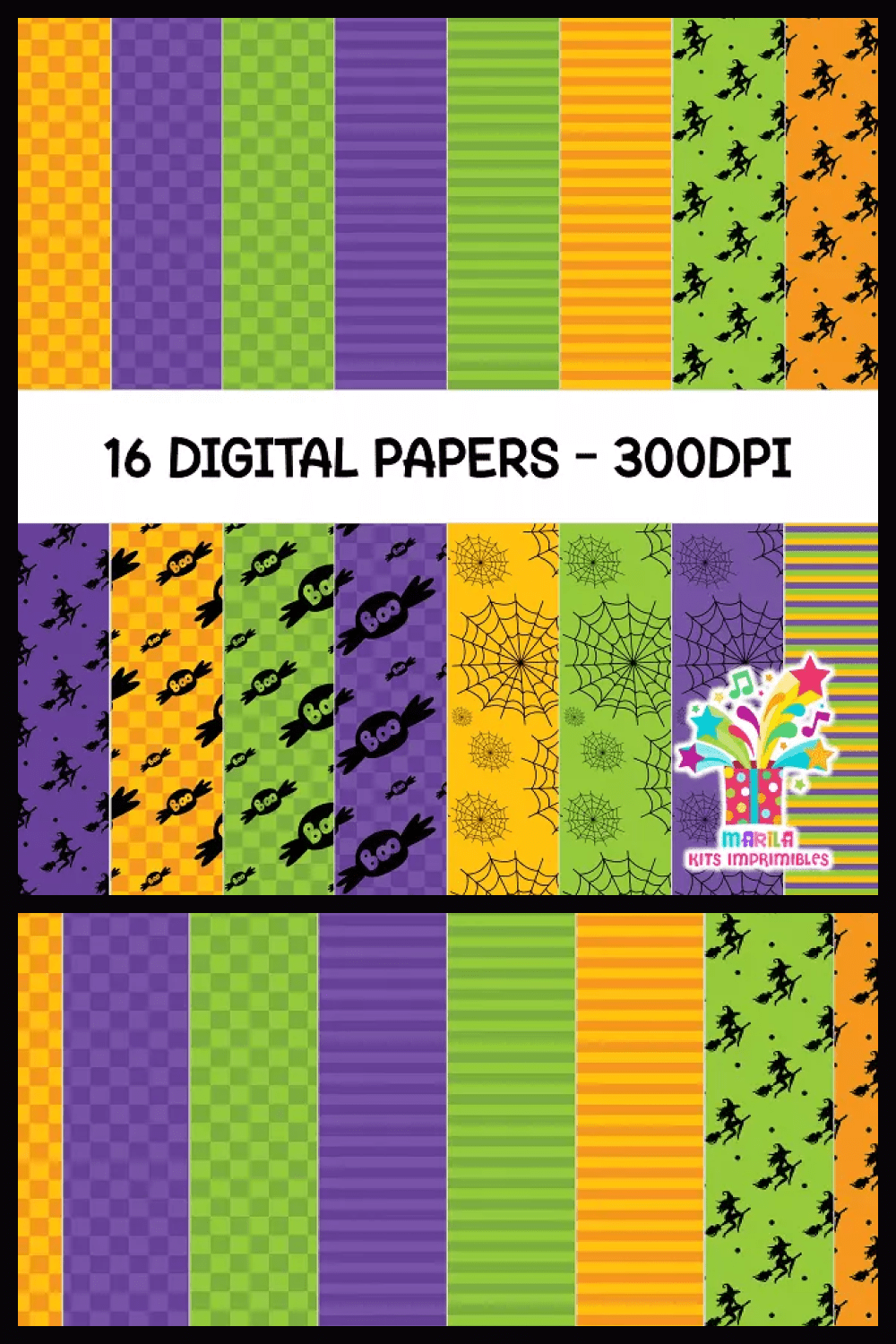 A collage of Halloween-themed wrapping paper options.