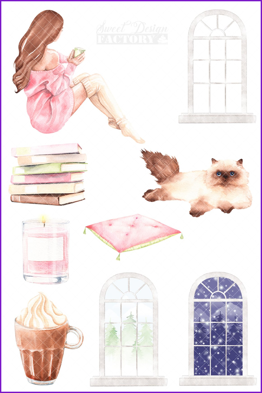 Collage with painted girl, cat, winter window and stack of books.
