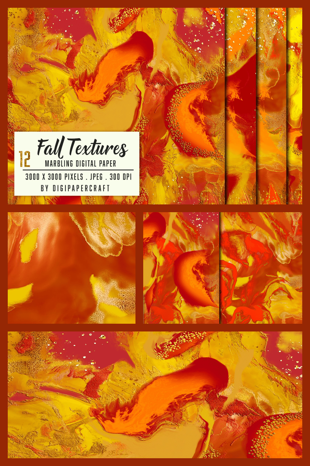 Collage of images with marble textures in orange color.