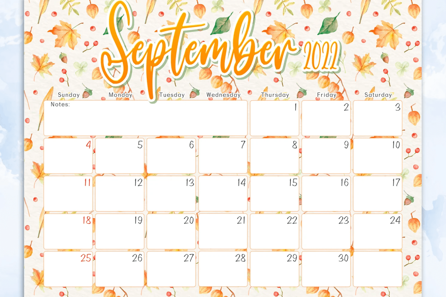 Editable calendar with watercolor autumn patterns.