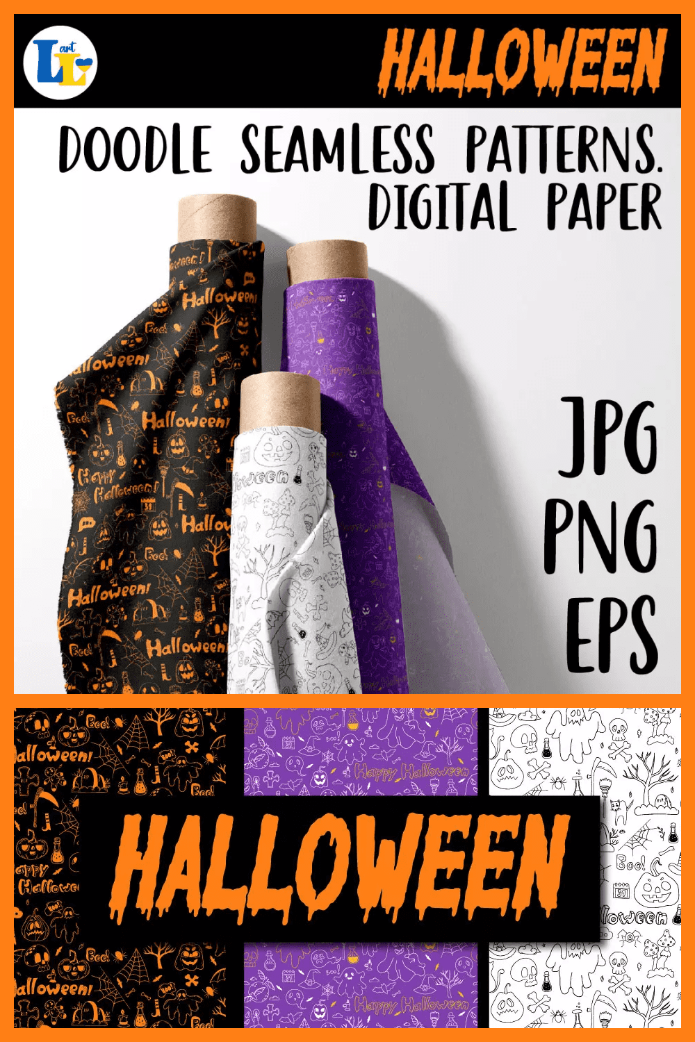 A collage of white, black and purple wrapping paper options on the theme of Halloween.