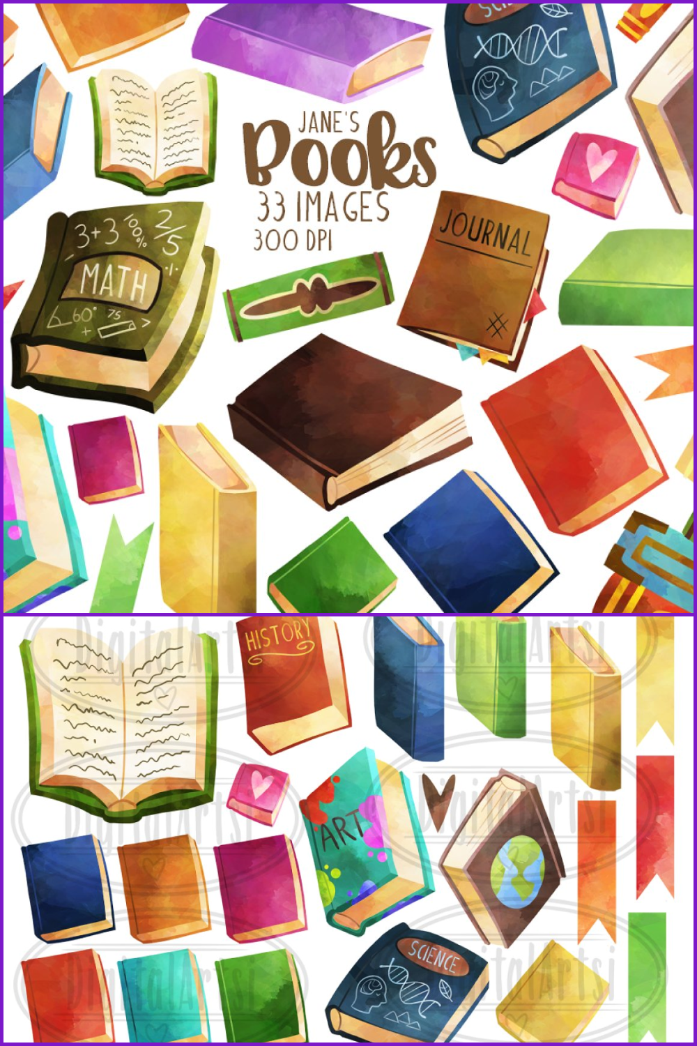Collage with painted books with colorful covers.