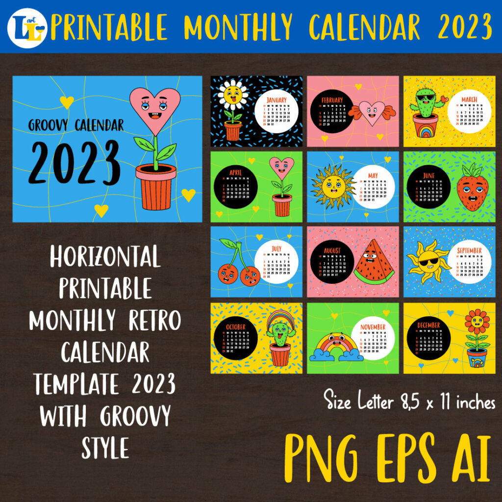 Retro groovy desktop Calendar 2023 Printable monthly templat