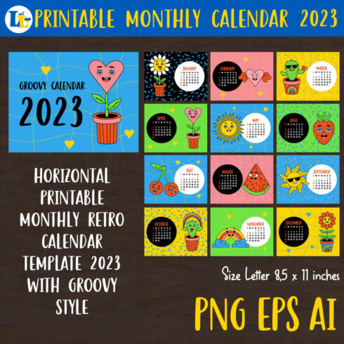 Retro Groovy Desktop Calendar 2023 Printable Monthly Template cover image.
