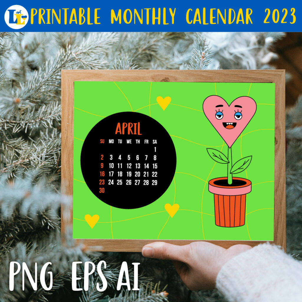 Retro groovy desktop Calendar 2023 Printable monthly templat